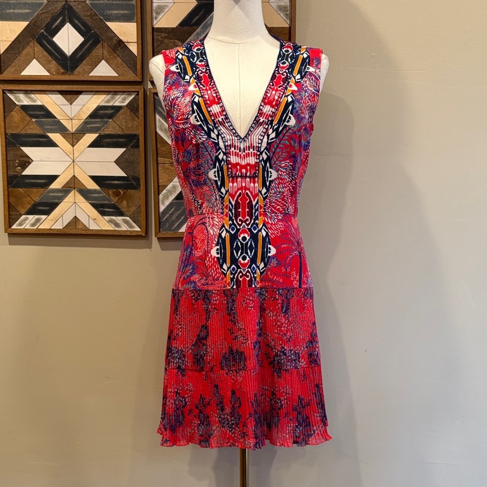 SALONI Silk Crepe Printed V-Neck Sleeveless Mini Dress size 4